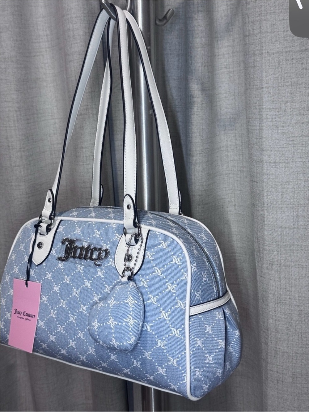 Juicy Couture Light Blue Logo Dome Satchel with White Trim